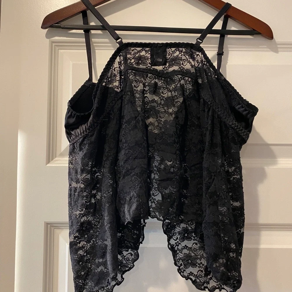 Black w/ Cream Trim Lace Babydoll Lingerie Set with Red Bow